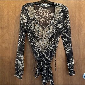 NWOT Cache Brown and Cream Tie Front Blouse